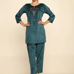 CRAFTBAZAR Floral Embroidered Notch Neck Sequinned Velvet A-Line Kurti With Trousers-picture-13