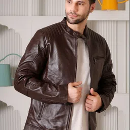COOL EQUAL Men Leather Water Resistant e-Dry Technology Biker Jacket image 3