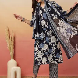 Sangria Floral Printed Adda Work Cotton Kurta With Trouser & Dupatta-picture-36