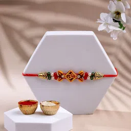 ADIVA 4-Pcs Cubic Zirconia-Studded Om Symbol Rakhi With Pooja Thali & Roli Chawal Bag-picture-37