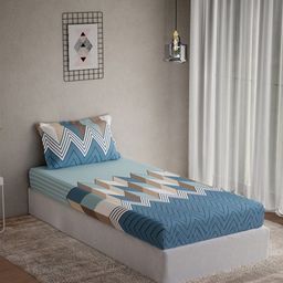 DDecor Vega Blue & White Printed Cotton 144 TC Single Bedsheet Set 2.24 m x 1.52 m-picture-0