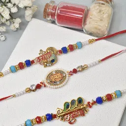 MEIRA JEWELLERY Set Of 3 Kundan Studded & Beaded Thread Rakhis image 1