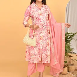 GOLDSTROMS Women Floral Printed Shirt Collar Maternity Kurta with Trousers & Dupatta image 5