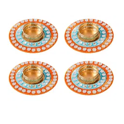 Nestasia Blue & Red 4 Pieces Mirror Work Embellished Tea Light Candle Holders image 2