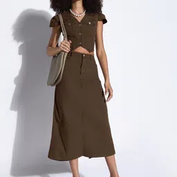 SHOWOFF Women Cotton Blend V-Neck Top and Skirt Co-Ord-image-71