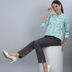 Crimsoune Club Women Floral Printed Mandarin Collar Cuffed Sleeves Shirt Style Top-image-61