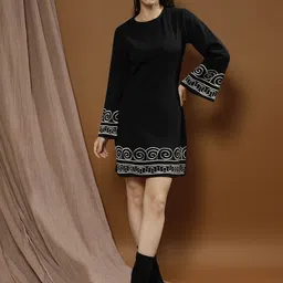 Boho By Athena Bohemian Embroidered Choker Neck Bell Sleeve Scuba Sheath Dress-picture-27
