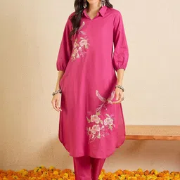 Indo Era Embroidered Shirt Collar Neck Top With Trousers Co-Ords-picture-32