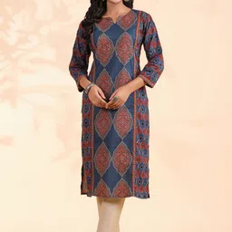 vbuyz KALINI Ethnic Motifs Printed Notch Neck Sequinned Cotton Straight Kurta-picture-23