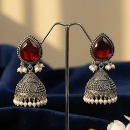 Nirali Creation Silver-Plated Stones Studded And Beaded Dome Shaped Oxidised Jhumkas-image-2