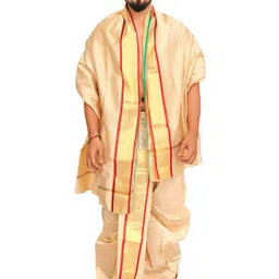 Exotic India Men Art Silk Ready to Wear Dhoti and Veshti Set with Woven Golden Border-picture-32