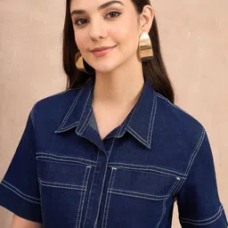 R.Code by The Roadster Life Co. Shirt Collar Denim Pure Cotton Crop-Shirt With Maxi Skirt image 2