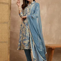 HERE&NOW Women Floral Embroidered Pure Cotton Kurta with Trouser & Dupatta-picture-23