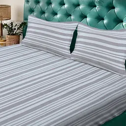 Arrabi Grey & White Striped 350 TC King Bedsheet with 2 Pillow Covers image 3