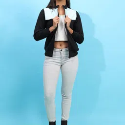 Campus Sutra Windcheater Colourblocked Mock Collar Fleece Bomber Jacket image 2