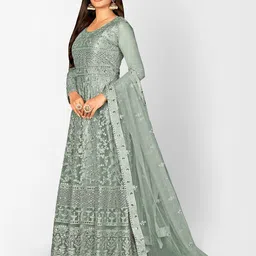 Divine International Trading Co Grey Embellished Sequined Semi-Stitched Dress Material image 4