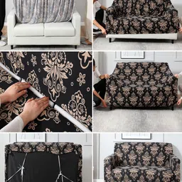 HOKIPO Black & Cream-Coloured 3 seater Printed Polyester Sofa Cover image 5