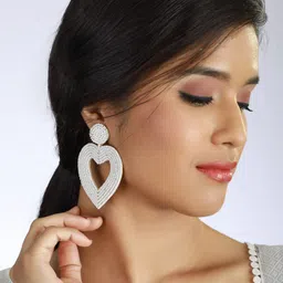 Sangria White Beaded Heart Shaped Contemporary Drop Earrings-picture-34