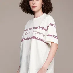 roadster Women Printed Round Neck Cotton Blend White T-Shirt image 2