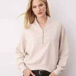 Trendyol Women Solid V-Neck Half Zipper Oversized Sweatshirt-image-42