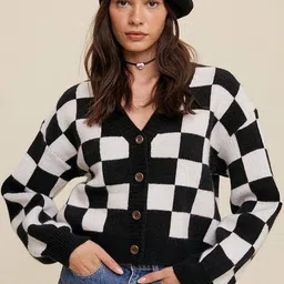 LULU & SKY Women Checked Crop Cardigan image 1