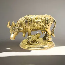 Nyra Kitchenware Pure Brass Kamdhenu Cow & Calf Idol-picture-28