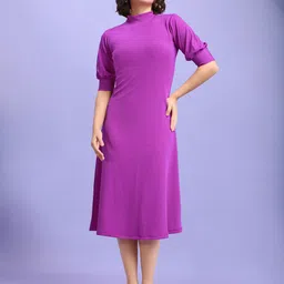 PURVAJA Women Polyester A-Line Knee Length Three-Quarter Sleeves High Neck Solid Dress-picture-24