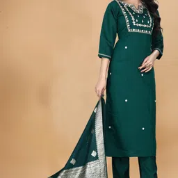 FVD Women Embroidered Regular Chanderi Silk Top with Trousers & With Dupatta image 3