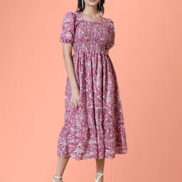 Raiyani Enterprise Women Floral Printed Puff Sleeve Smocked Fit & Flare Midi Dress-image-19
