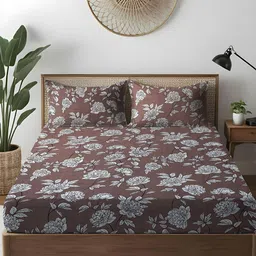 WEAVE AND DECOR Brown Floral Microfiber 300TC Fitted Double Queen Bedsheet Set-1.82mx1.82m-picture-11