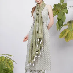 TJORI Hand-Block Printed Tasselled Kota Cotton Dupatta image 2