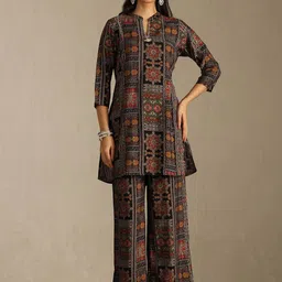 Soch Printed Mandarin Collar Top With Palazzos Co-Ords-image-1