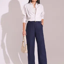 Globus Women Navy Cotton High-Rise Wide Leg Formal Trousers-image-36
