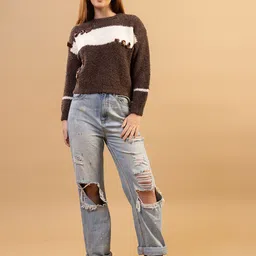 all about you Colourblocked Round Neck Long Sleeves Woollen Pullover image 2