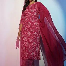 Libas Floral Printed Round Neck Pure Cotton Straight Kurta With Palazzos & Dupatta-image-7