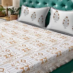 KLOTTHE Mustard & White Geometric 400 TC King Bedsheet with 2 Pillow Covers image 5