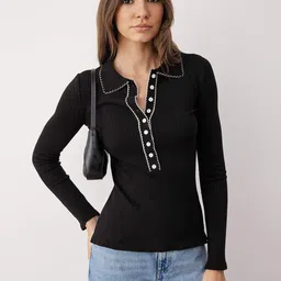Trendyol Siyah Women Ribbed Shirt Collar Pullover Sweater image 4