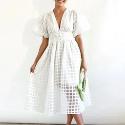 bebe Self Design V-Neck Flared Sleeve A-Line Midi Dress-image-24