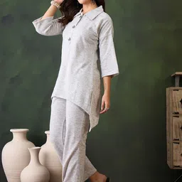 Sangria Grey Self Design Spread Collar Three-Quarter Sleeves Top & Trouser image 5