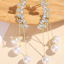 Krelin Gold-Plated American Diamond Studded & Pearls Beaded Tasselled Korean Drop Earrings-picture-12
