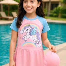 bubble berry Girls Unicorn Printed Swim Dress With Attached Shorts-picture-22