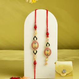 ADIVA Set Of 5 Gold-Plated Kundan-Studded Thread Rakhi With Pooja Thali & Roli Chawal Bag-picture-32