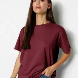 Trendyol Women Solid Round Neck Pure Cotton Oversized T-shirt-image-9