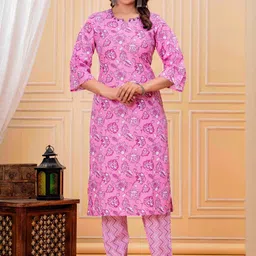 Tvyozs Floral Printed Notch Neck Pure Cotton Kurta With Trousers & Dupatta-image-4