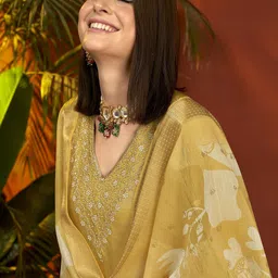 Anouk Floral Yoke Design Sequinned Pure Silk Straight Kurta With Trousers & Dupatta image 2