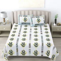 Wayne Martin Off White & Blue Floral 300 TC Pure Cotton King Bedsheet With 2 Pillow Covers-image-80