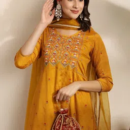 Sangria Women Ethnic Motifs Embroidered Kurta with Trousers & With Dupatta image 3