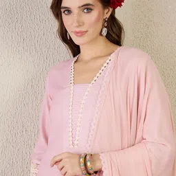 Indo Era Women Floral Printed Regular Thread Work Linen Kurta with Trousers & With Dupatta image 3