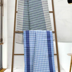 Athom Living Blue & Green 2 Pieces Checked Cotton 210 GSM Bath Towels-image-55