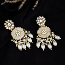 ATIBELLE Gold-Plated Artificial Stone Studded & Beaded Contemporary Shaped Drop Earrings-picture-38